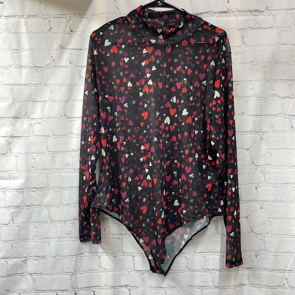 Love by Design sheer black colorful hearts mock neck 2x body suit